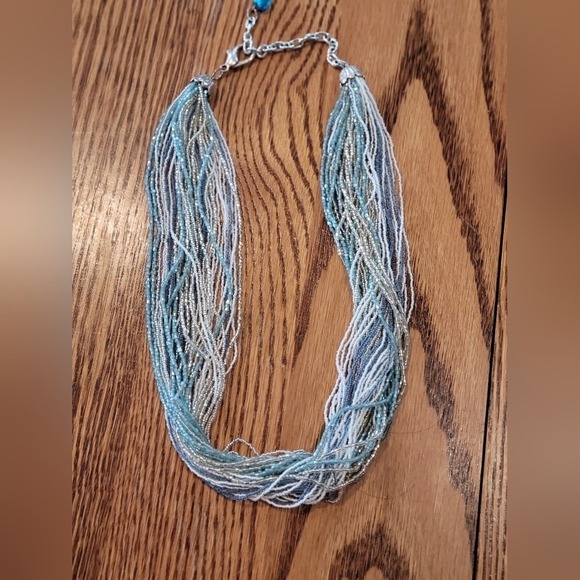 Jewelry - Blue White Silver Multi Strand Seed Bead Necklace with Heart Charm Extender 23"